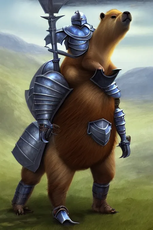 Prompt: a capybara in the style of an armored knight, as a matte oil painting and d & d art, fullbody, blue magic, arcane plasma, sharp focus, award - winning, extremely detailed, 4 k,