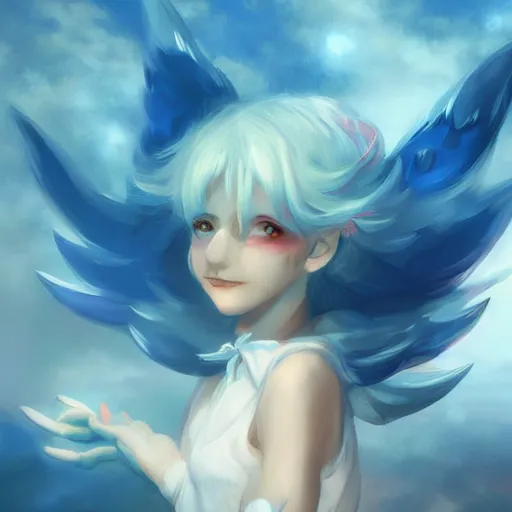 Image similar to cirno from touhou flying, matte painting by ross tran, artstation, perfect face, high detail