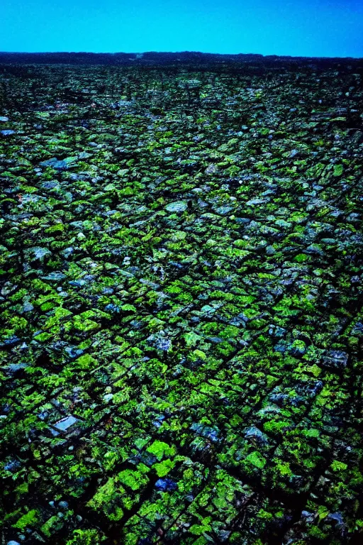 Image similar to dead city, blue sky, green scull look down, nature,