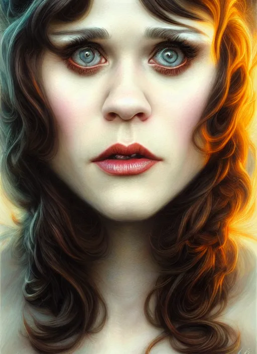 Image similar to zooey deschanel as an devil, aesthetic, fine art, intricate, elegant, highly detailed, realistic hair, centered, digital painting, art station, conceptual art, soft, sharp focus, illustration, artwork, artgerm, tomasz alen kopera, peter mohrbacher, donato giancola, wlop, boris vallejo