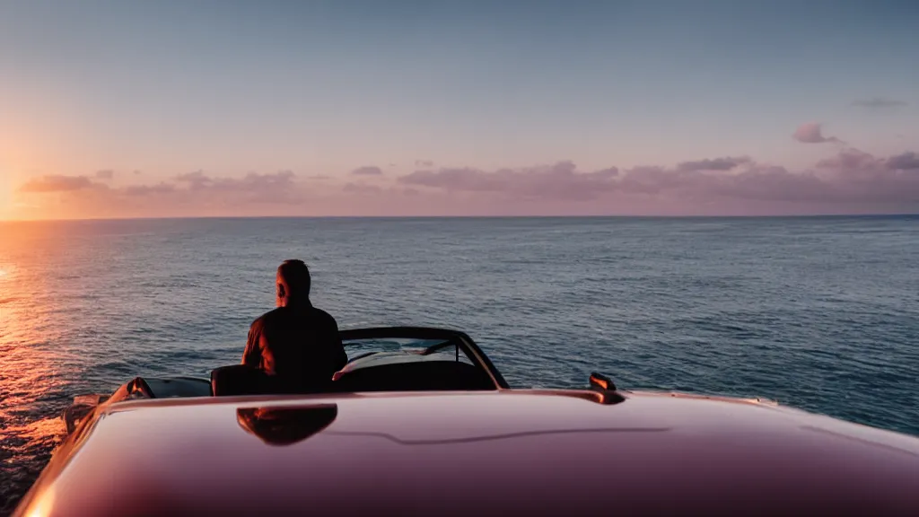 Image similar to a movie still of a man sitting on the roof of a car while driving through the ocean at sunset, golden hour