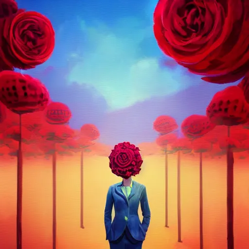 Image similar to portrait, giant rose flower head, girl in a suit, surreal photography, sunrise, blue sky, dramatic light, impressionist painting, digital painting, artstation, simon stalenhag