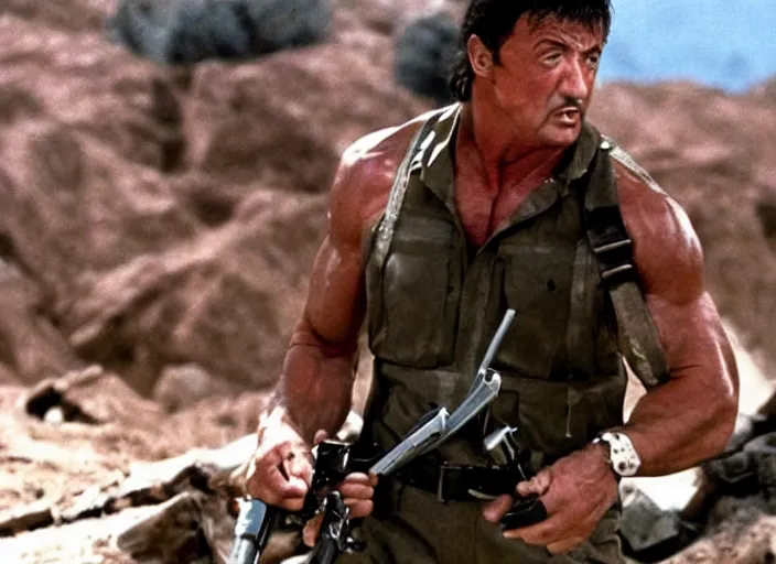 Prompt: sylvester stallone in a still from the movie Commando (1985)