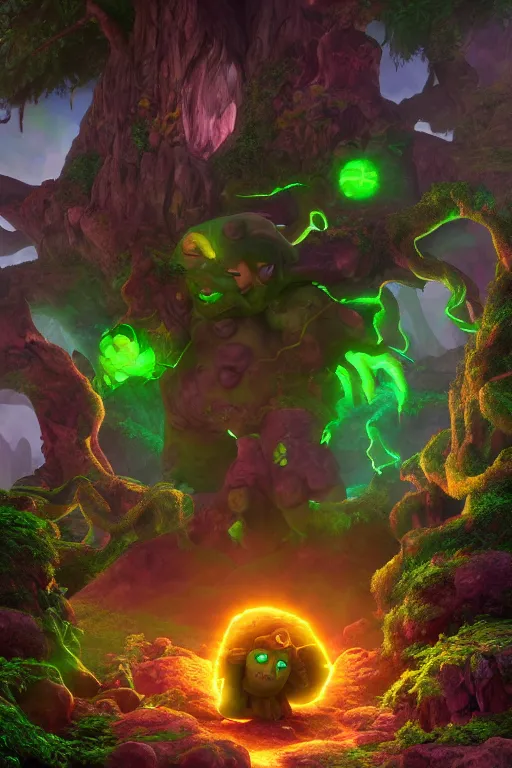 Image similar to arcane fantasy art giant golem elemental wood rock bastion forged gemstone enchanted forest troll, global illumination ray tracing hdr fanart arstation by sung choi and eric pfeiffer and gabriel garza and casper konefal lisa frank zbrush central hardmesh radiating a glowing aura