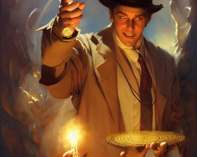 Image similar to attractive magician man, casting light magic, summoning a handsome god. highly detailed painting by gaston bussiere, craig mullins, j. c. leyendecker 8 k