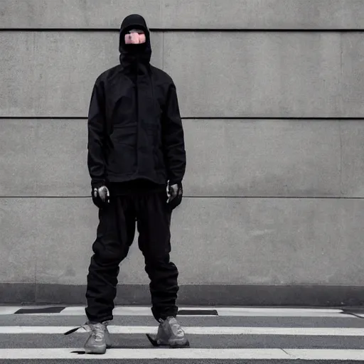 Image similar to techwear fashion in the streets, acronym, guerilla group, fashion study, photoshoot