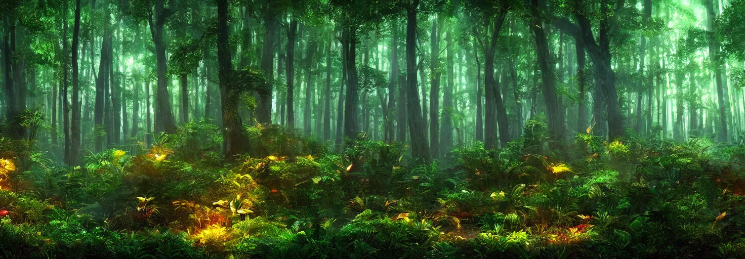 Image similar to a forest, plants glowing at night, wide shot, cinematic, ultra realistic, ultra detailed, in style of avatar movie