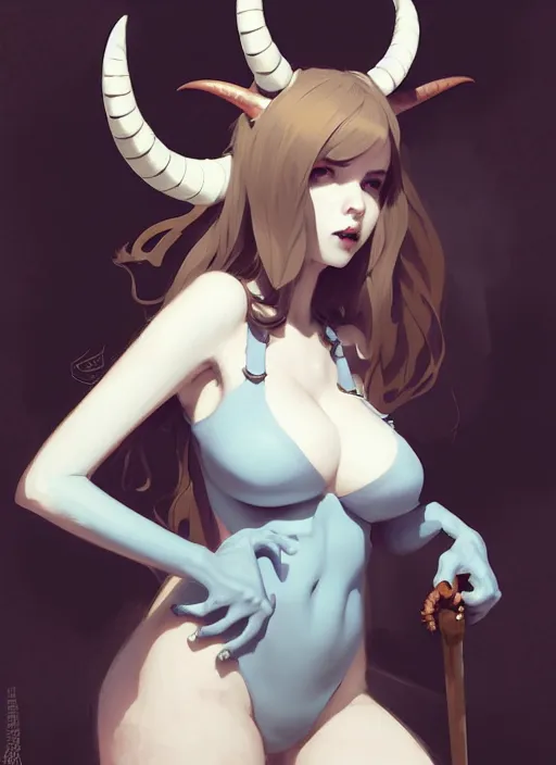 Image similar to portrait of cute succubus girl with horns, warhammer, by atey ghailan, by greg rutkowski, by greg tocchini, by james gilleard, by joe gb fenton, by in kaethe butcher, dynamic lighting, gradient light blue, brown, blonde cream and white color in scheme, grunge aesthetic