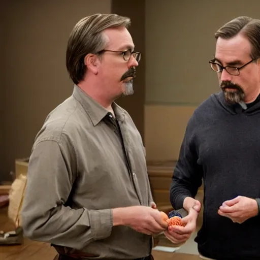 Image similar to vince gilligan holding giving two balls to thomas schnauz