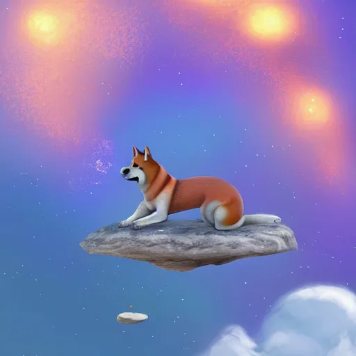 Prompt: A Shiba inu monk sits on a rock and fly through space and time, Artstation