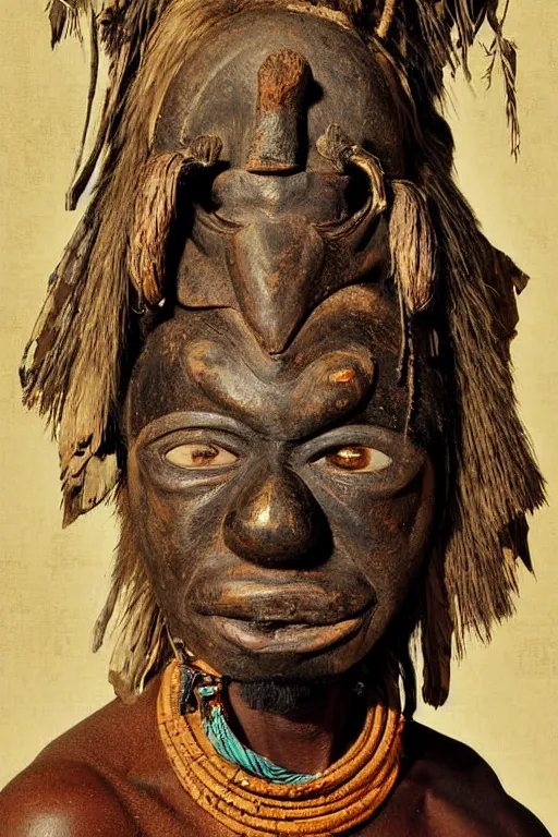 Image similar to portrait, headshot, digital painting, an old witchdoctor in african benin wooden painted ritual animal mask, realistic, hyperdetailed, chiaroscuro, concept art, art by frans hals