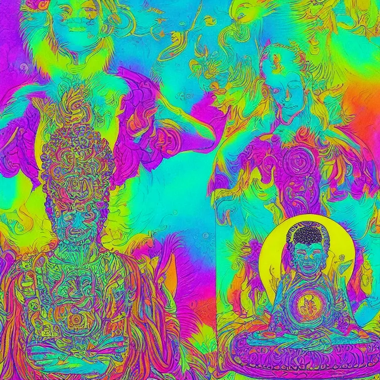 Prompt: human smiling meditating supreme peace immense knowledge infinite color dmt art cyan green detachment from material