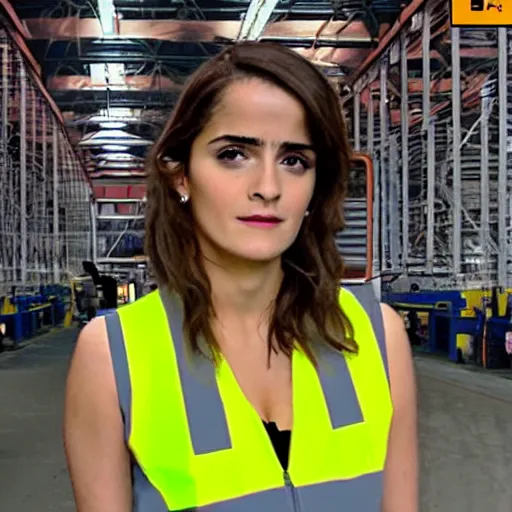 Image similar to photo, close up, salma hayek emma watson in a hi vis vest, in warehouse, android cameraphone, snapchat story screenshot, 2 6 mm,