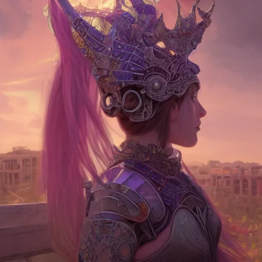 Image similar to portrait knights of Zodiac girl, metalic pink and pastel purple reflected armor, in ruined Agora of Athens sunset, ssci-fi, fantasy, intricate, very very beautiful, elegant, golden light, highly detailed, digital painting, artstation, concept art, smooth, sharp focus, illustration, art by tian zi and WLOP and alphonse mucha