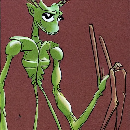 Image similar to antropromorphic stick insect, stick insect standing and talking like a human being, fantasy concept art, drawing by Don Bluth