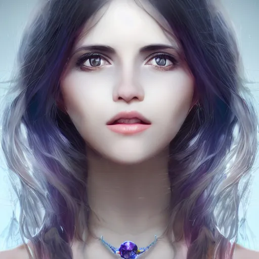 Image similar to beautiful female portrait, inner glow, symmetric face, flowing hair, under the moonlight, gemstone necklace, by wlop, trending on artstation, cgsociety