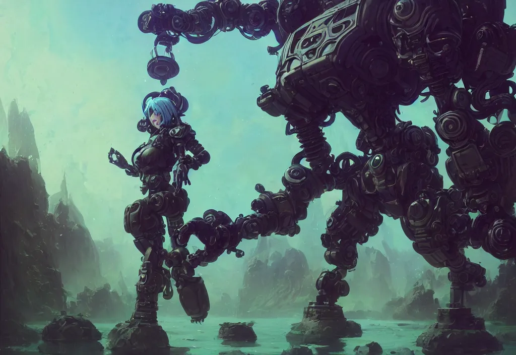 Image similar to wide view picture of a mech armor witch, standing on floating greed cubes with monster companions, model pose, blue hair, lighting eyes, huge magic circles on the hand, magic and fantasy, extremely beautiful and aesthetic and detailed cute face, specular reflection, occlusion shadow, intricate, masterpiece, by ilya kuvshinov and jeremy lipking and quentin mabille