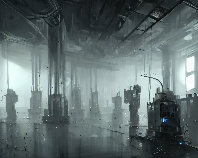 Prompt: gloomy ruined server room in datacenter robot painting concept art of robot knight colossus welder pacing mono eyed, sharp focus, emitting diodes, smoke, artillery, sparks,, computers, racks, motherboard, by pascal blanche rutkowski repin artstation hyperrealism detailed matte painting, 4 k resolution blade runner