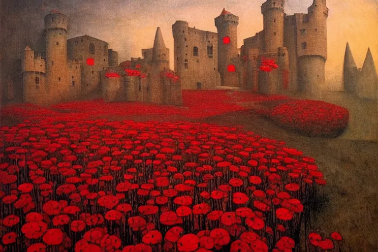 Image similar to only with red, red flowers of different types, a red tiger, a castle in the background, medieval demons dance over the flowers, an ancient path, in the style of beksinski, part by hopper, part by rodcenko, part by hofbauer, intricate composition, red by caravaggio, insanely quality, highly detailed, masterpiece, red light, artstation