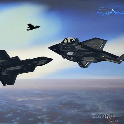 Image similar to f - 3 5 and ufo dogfight, painting