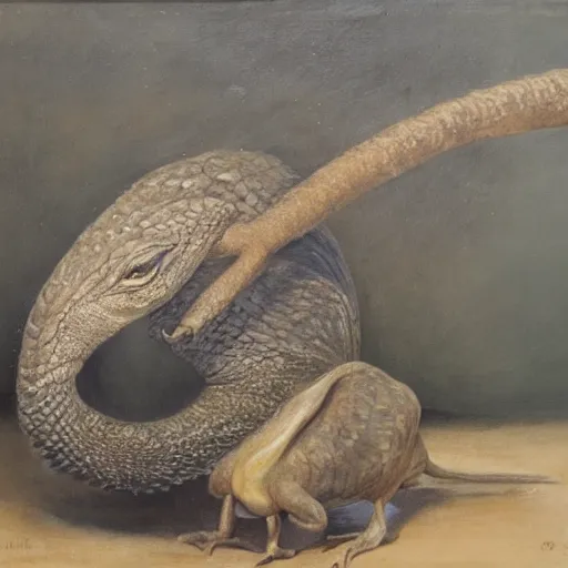 Prompt: a dodo eating a lizard, oil painting