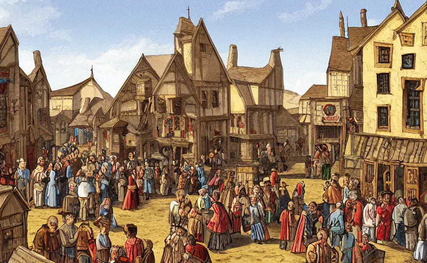 Image similar to central square of a medieval village, busy scene with lots of people engaged in trading various goods and services appropriate for the time. a beautiful digital illustration.