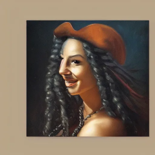 Image similar to oil painting, smiling, happy, beautiful, intelligent, caribbean, fierce, powerful, tanned, female pirate captain 2 8 years old, flowing long hair, fully clothed, wise, beautiful, masterful 1 7 2 0 s oil painting, dramatic lighting, sharp focus