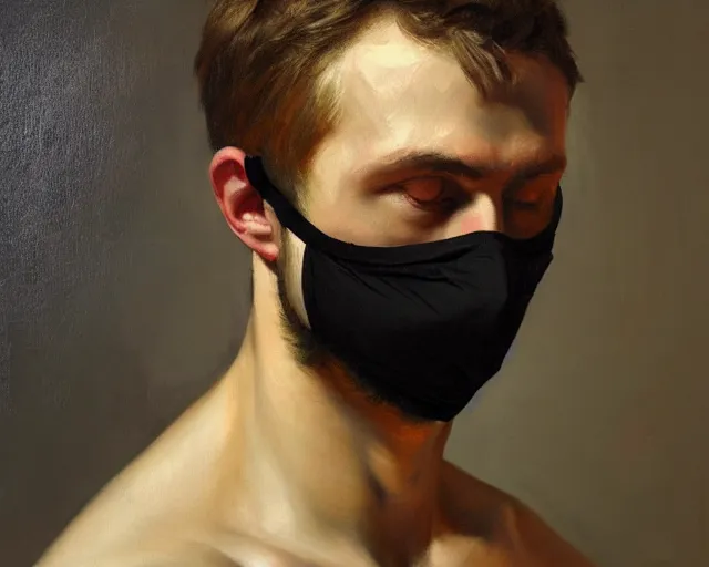 Prompt: masterpiece oil paint of a european young man covering face with fabric mask, trending on artstation, context art, extremely detailed