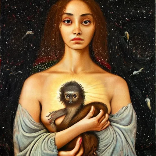 Prompt: a ultradetailed beautiful painting of ( ( ( ( a latin young woman holding several small monkeys ) ) ) ) by saturno butto, agostino arrivabene, mordecai ardon and chuck close, trending on artstation