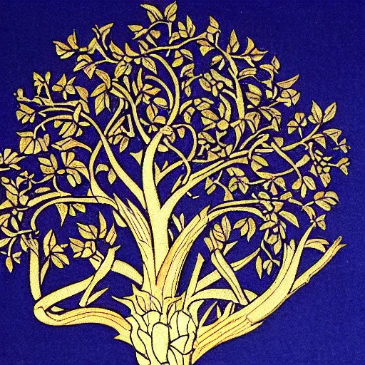 Prompt: william morris wallpaper of tree of life motif.