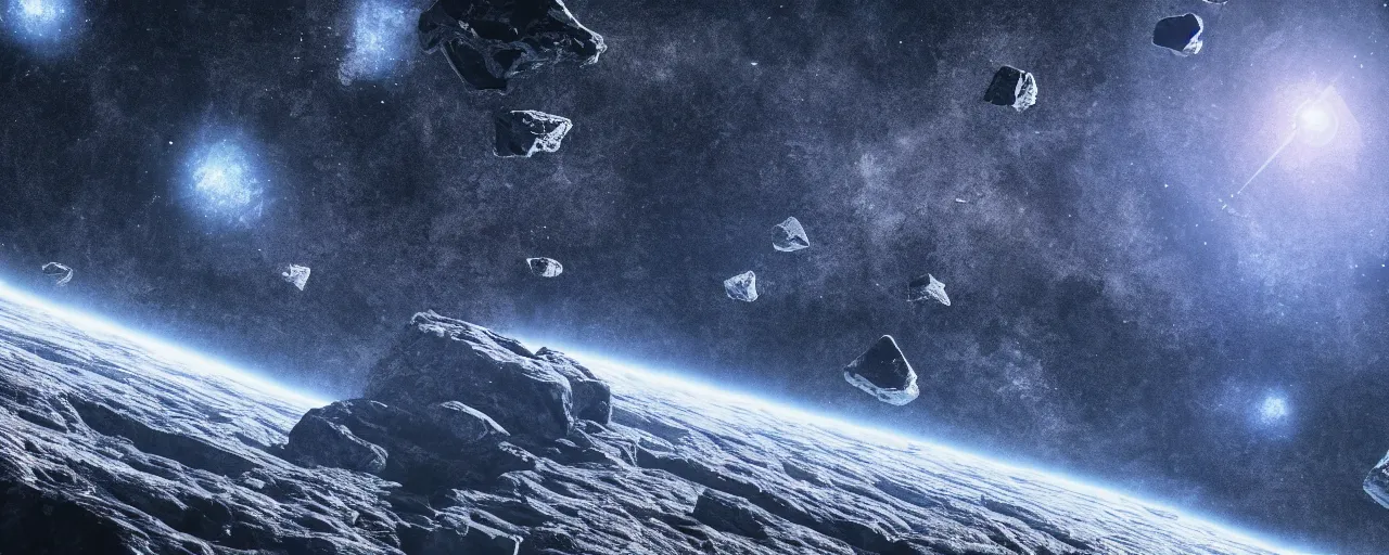 Image similar to ” tiny rocky asteroid in space, [ cinematic, detailed, epic, widescreen, opening, establishing, mattepainting, photorealistic, realistic textures, octane render ] ”