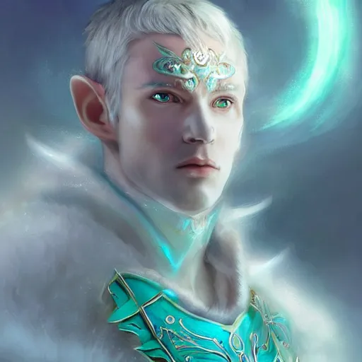 Image similar to handsome male snow elf in a turquoise cape and silver ornate armour, highly detailed face, albino skin, pointed ears, ethereal opalescent mist, moonlight snow, fantasy art, perfect face, elegant, very coherent symmetrical artwork, atmospheric lighting, rule of thirds, by wenjun lin, krenz cushart, charlie bowater, trending on artstation