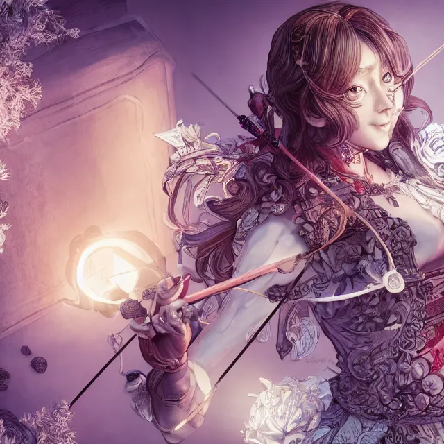 Image similar to the portrait of lawful neutral semi - colorful female archer socialite as absurdly beautiful, gorgeous, elegant, young gravure idol, an ultrafine hyperdetailed illustration by kim jung gi, irakli nadar, intricate linework, bright colors, octopath traveler, final fantasy, unreal engine 5 highly rendered, global illumination, radiant light, detailed and intricate environment