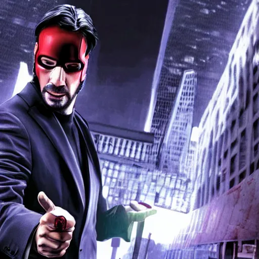 Image similar to Keanu Reeves as daredevil digital art 4k detailed super realistic