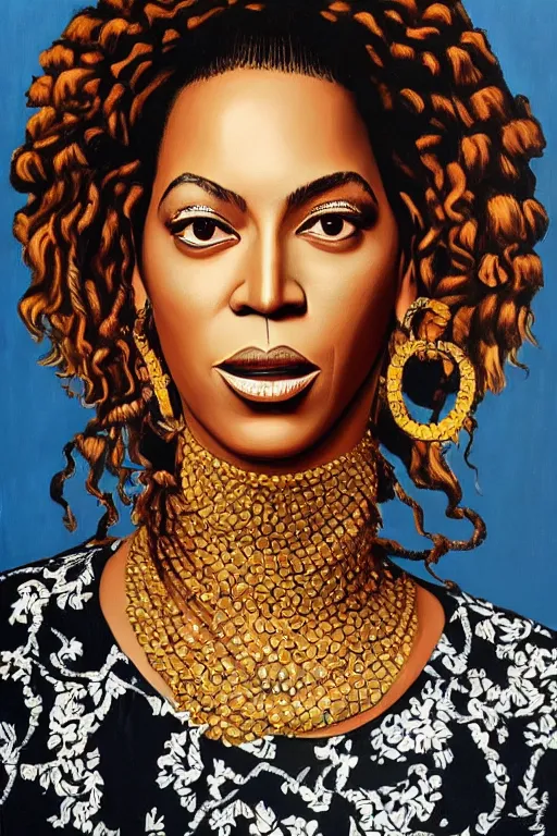 Prompt: Beyonce, portrait by Kehinde Wiley!!, oil paint on canvas, brushstrokes,
