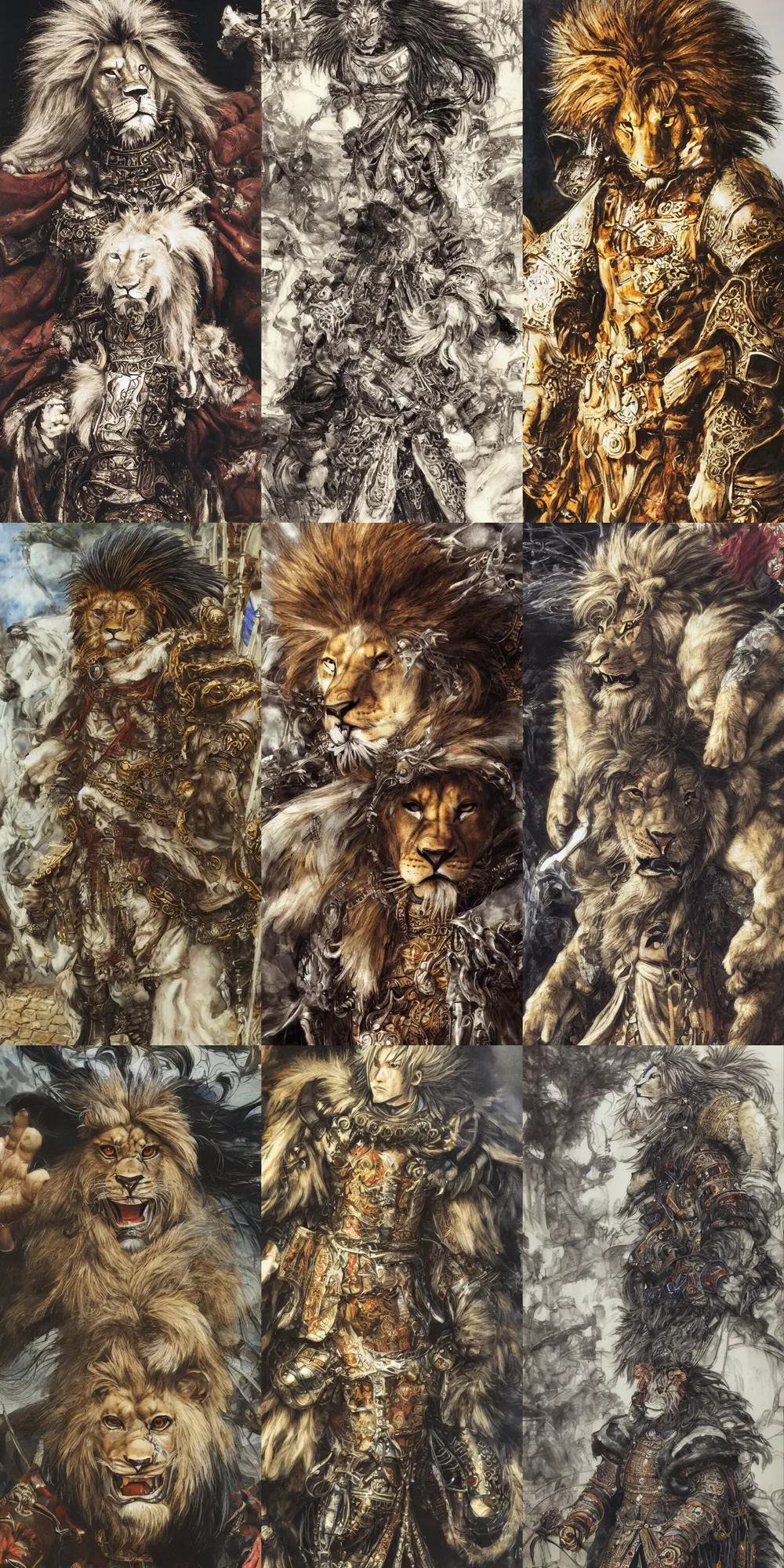 Image similar to 8 k yoshitaka amano painting of upper body of a young cool looking lion beastman with white mane at a medieval market at windy day. depth of field. he is wearing complex fantasy clothing. he has huge paws. renaissance style lighting.