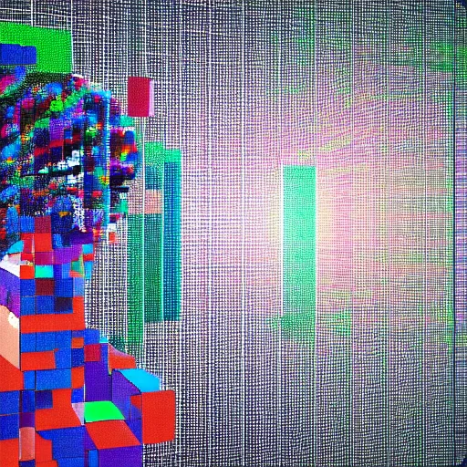 Image similar to a 3/4 view of an android's head made of pixel blocks dispersing into the ether, realistic, 3d render