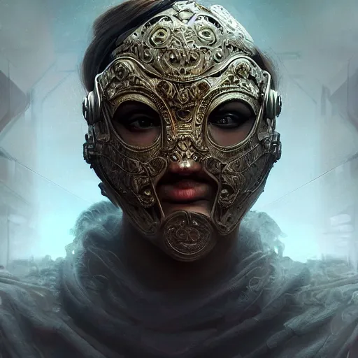 Image similar to Very very very very highly detailed epic photo of face with venetian mask, intricate, dystopian, sci-fi, extremely detailed, digital painting, artstation, concept art, smooth, sharp focus, illustration, intimidating lighting, incredible art by Brom