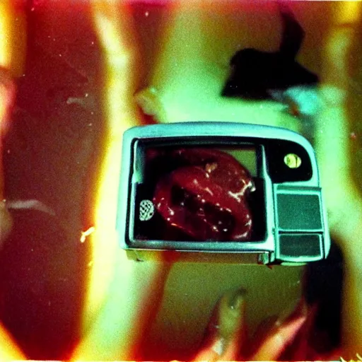 Image similar to 1 9 9 3, disposable camera, flash, old house, creature, meat, ooze, slime, veins, pov