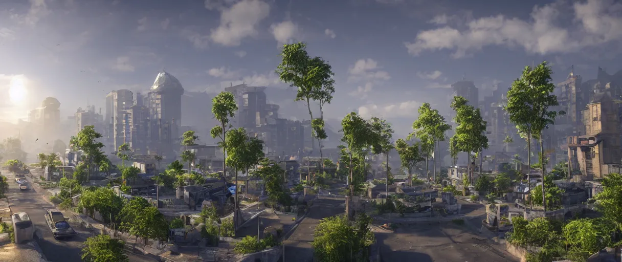 Prompt: a wide shot of a solarpunk city, with houses, pavements, bridges, trees, plants, beautiful, stunning, serene, volumetric light, volumetric clouds, photography, color, intricate, extremely detailed, photorealistic, unreal engine 5