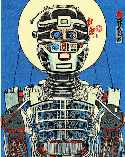 Image similar to Hiroshige portrait of a robot saint made of cables and robotic pod by Jack Kirby