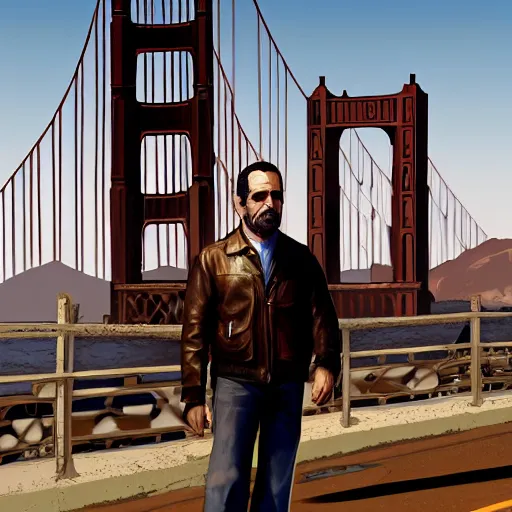 Image similar to full - frame of tony shalhoub, wearing a brown leather - jacket, as a character from gtav, looking at camera, intricate, extremely detailed, in the background golden gate bridge, concept art, artstation