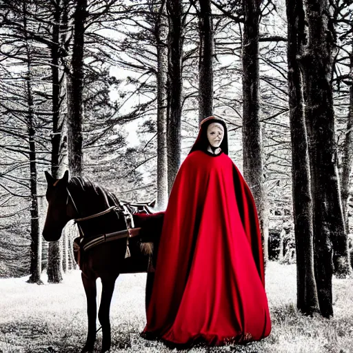 Prompt: Medieval woman princess in red dress sits astride black steed horse. Girl rider in vintage cloak cape train flies in wind motion. Background green trees spruce forest, spring winter nature melted snow , Kodak TRI-X 400, melancholic