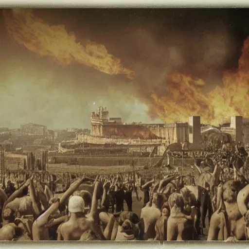 Image similar to Rome burning , realistic, old photo,