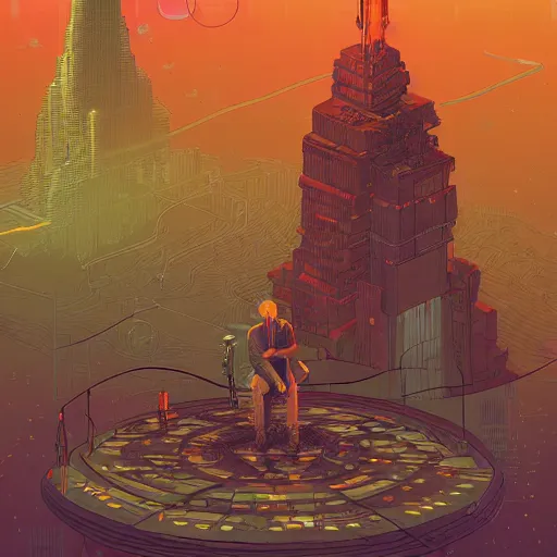 Image similar to Stunningly intricate illustration of a cyberpunk explorer meditating next to a floating triangular glowing monolith, highly detailed, midnight, by Victo Ngai and James Gilleard , Moebius, Laurie Greasley