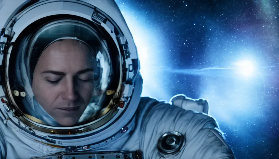 Image similar to movie still of a transcendental astronaut being, cinematic composition, cinematic light, anamorphic lens