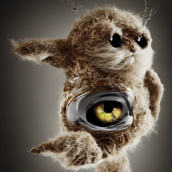 Prompt: plush ultra fluffy cyborg with huge cute eyes, photorealism, white detail plastic biomechanical with gold, copper, bronze, chrome by lee jeffries, erik johansson, supersampled, 8 k, beautify