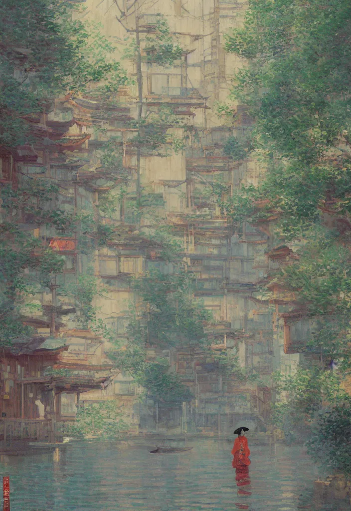 Image similar to a beautiful japanese city near the sea, amazing ryokans and gorgeous edo era houses, epic cyberpunk, lofi vibe, colorful, vivide colors, amazing light, really beautiful nature, oil painting in impressionist style, by jeremy lipkin, by claude monet, by makoto shinkai, multiple brush strokes, inspired by ghibli, masterpiece, beautiful