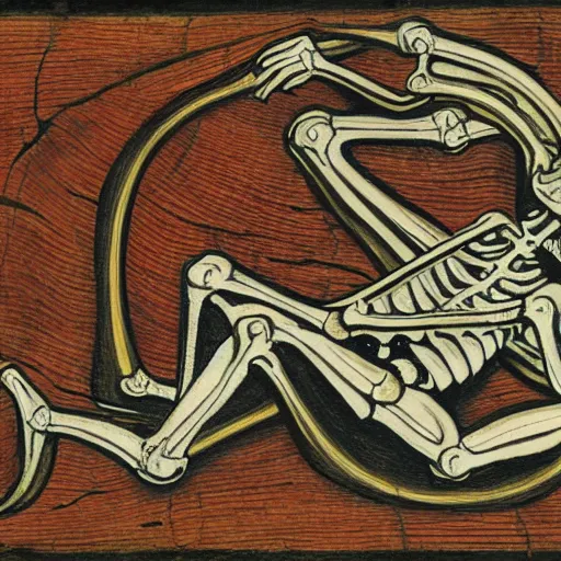 Prompt: a skeleton and a slug, medieval art, detailed