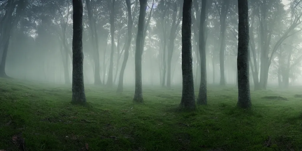 Image similar to forest, beautiful, dawn, foggy area, photorealistic, panoramic shot, 4 k